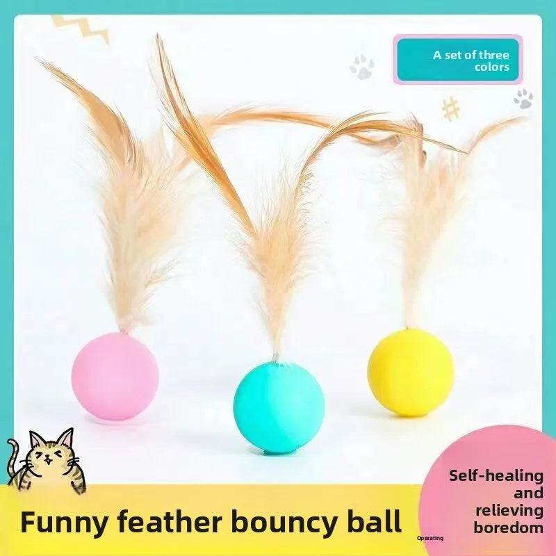 Pet Cat Toy Ball Bouncy Ball Chicken Feather Bouncing Ball Cat Stick Toy Cat Self-Pleasure Relief Supplies